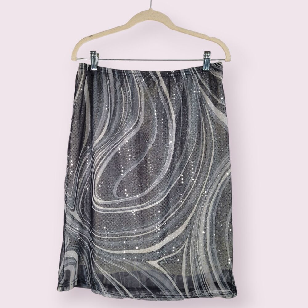 Vintage TRAGICALLY HIP Swirly Sequin Skirt Size 1X 90s Y2K Mesh Sheer Knee